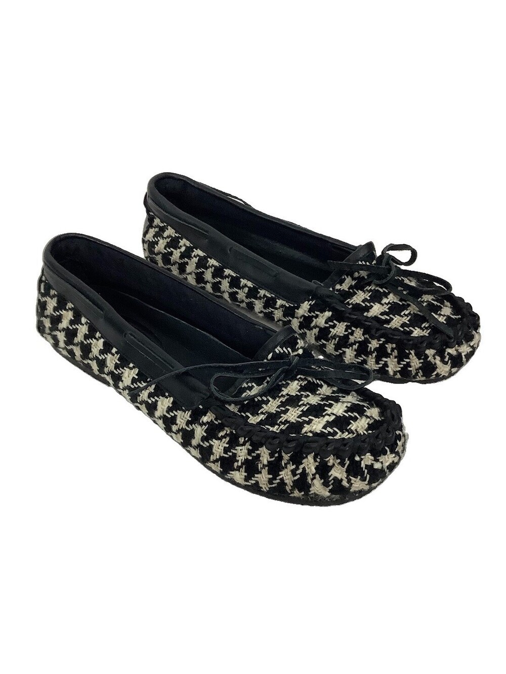 Jeffrey Campbell Sz 8.5 Houndstooth Leather Trim Boat Loafers Black White AC